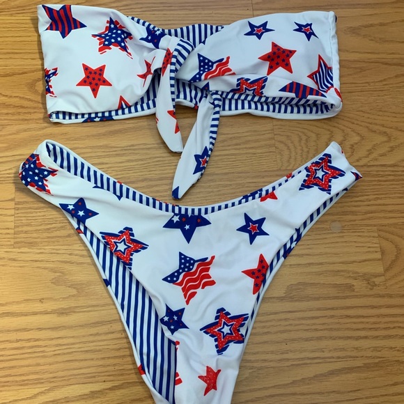 Zaful Other - Reversible red, white & blue tie bandeau bikini